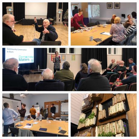 A collage of photographs showing people of different ages in rooms having discussions and writing on flip charts. Includes a picture of some sandwiches to help keep the conversations going.